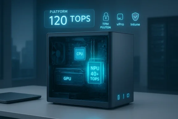 A futuristic PC tower with glowing blue CPU, GPU, and NPU labels plus 120 TOPS.