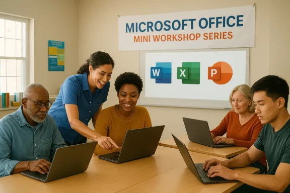 Diverse adults participate in a Microsoft Office mini-workshop, practicing Word, Excel, and PowerPoint on laptops.