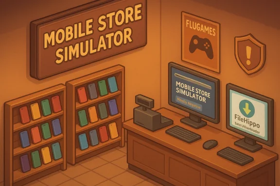 Orange-tinted room with a “Mobile Store Simulator” sign and shelves of colorful phones.