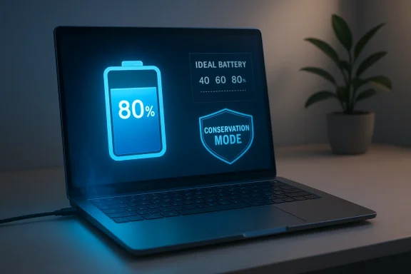 Laptop screen shows a glowing blue 80% battery and a Conservation Mode shield.