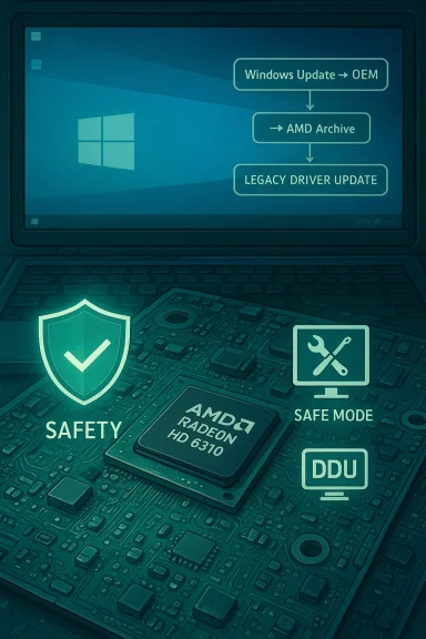 Teal laptop screen shows Windows Update flow to AMD archive and legacy driver update, with safety icons.