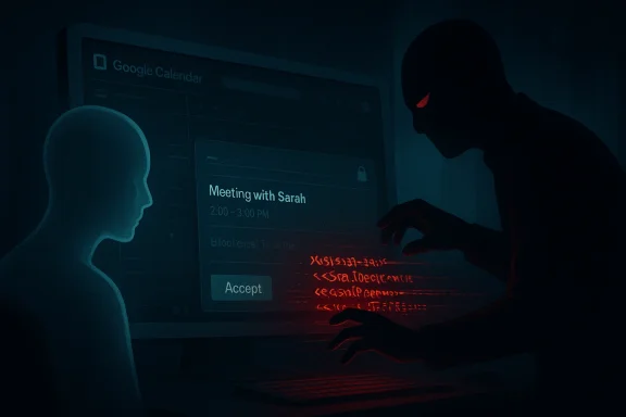 A shadowy hacker injects red code into a monitor displaying a Google Calendar invite.