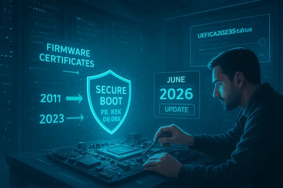 A technician at a high-tech console works with holographic firmware certificates and secure boot visuals. A technician at a high-tech console works with holographic firmware certificates and secure boot visuals.