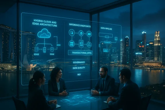 Four professionals discuss neon-blue holographic data architecture in a glass-walled conference room.