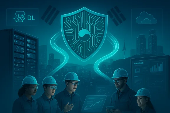 Engineering team in hard hats reviews a high-tech cybersecurity shield over a smart city.