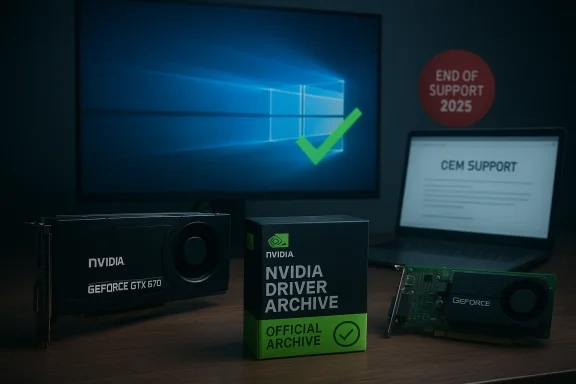 NVIDIA GPU cards and a driver archive box sit on a desk beside an End of Support 2025 sign.