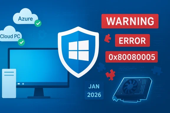 Cybersecurity illustration with Windows shield, Azure cloud, and a bold warning/error message.
