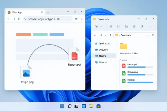 Windows 11 desktop with a browser window and a Downloads pane showing Report.pdf and Design.png.