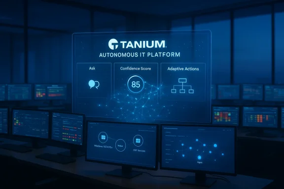 Blue-toned control room with a holographic Tanium Autonomous IT Platform panel showing metrics. Blue-toned control room with a holographic Tanium Autonomous IT Platform panel showing metrics.