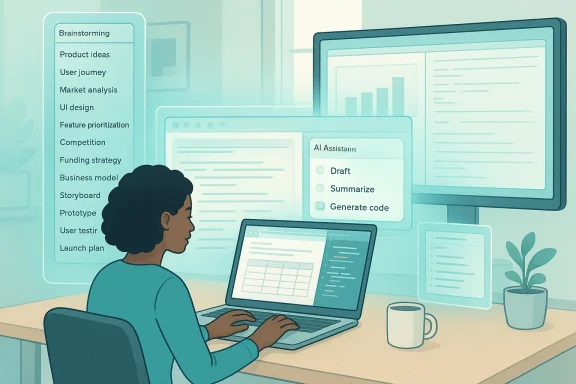 A person works at a desk with multiple screens showing product planning and AI tools.