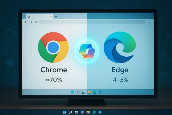 A monitor shows a split-screen comparison of Chrome (~70%) and Edge (4–5%).