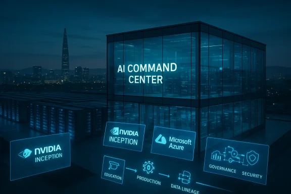 A blue-tinted AI command center in a glass building, with NVIDIA Inception and Microsoft Azure.