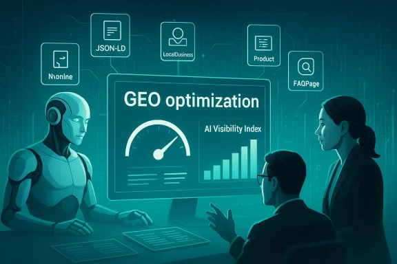 Humans and a robot review a GEO optimization dashboard with AI visibility metrics.