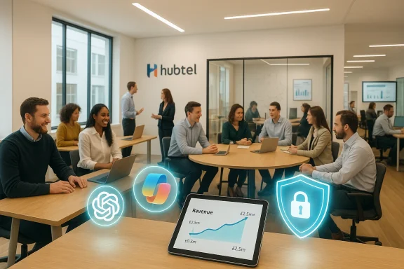 Diverse team in a bright Hubtel office reviews a revenue tablet with holographic icons.