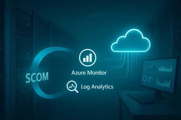 Blue-tinted data center with glowing Azure Monitor and Log Analytics cloud icons.