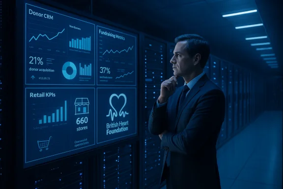 A businessman in a suit studies donor metrics on a wall of dashboards in a data center.
