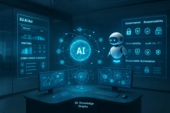 Futuristic blue AI lab with a glowing globe, floating robot, and holographic dashboards.