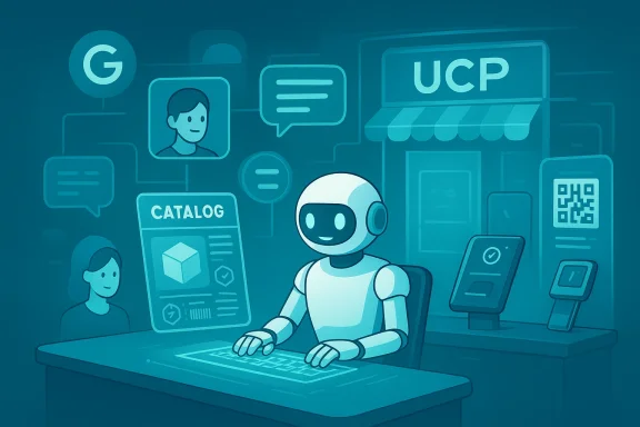 A friendly robot sits at a futuristic desk, surrounded by digital catalogs and chat icons.