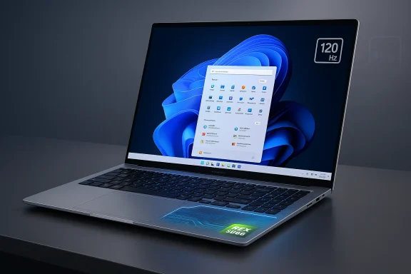 Sleek silver laptop on a dark desk displaying a Windows desktop with a 120 Hz display.