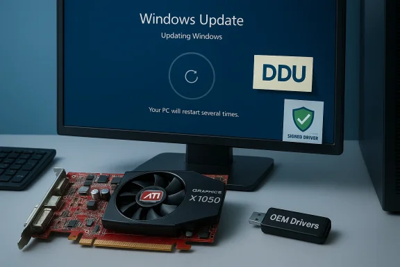 Windows Update screen with a loading circle, a red ATI X1050 graphics card, and an OEM Drivers USB dongle.