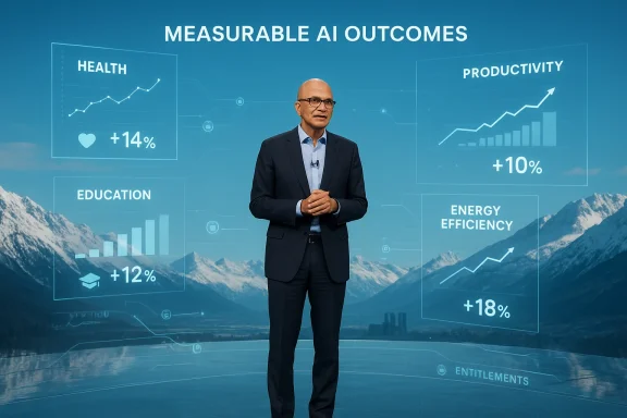 Suit-clad presenter highlights AI outcomes across health, education, productivity, and energy efficiency.