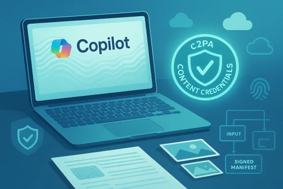 Laptop displays Copilot logo with security icons and a c2PA content credentials badge.