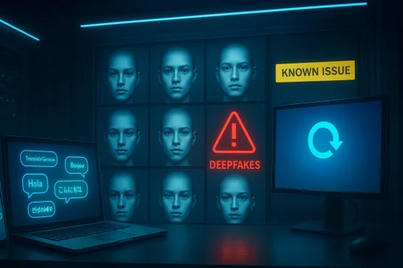 Dim lab wall of identical bald faces withh a red DEEPFAKES warning and a laptop of translation bubbles.