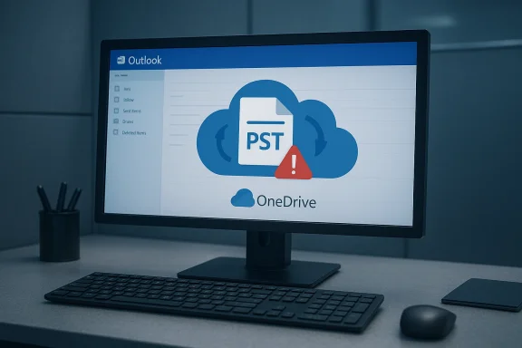 Computer screen shows a PST file warning in a OneDrive cloud icon.
