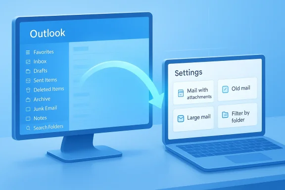 Blue illustration of Outlook on a monitor connected to a laptop showing settings options.