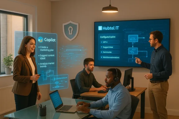 Team presents AI copilots in a high-tech meeting room with holographic displays.