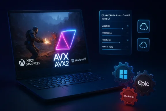 A gaming laptop displays AVX/AVX2, Windows 11, Xbox Game Pass, with Qualcomm UI controls and gear icons.