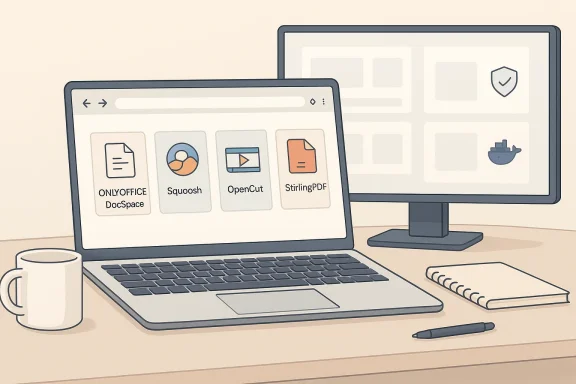 A desk setup with a laptop and monitor displaying document apps, plus a mug, notebook, and pen.