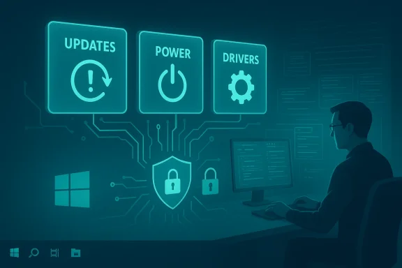 A tech professional monitors a neon holographic dashboard showing updates, power, and drivers.