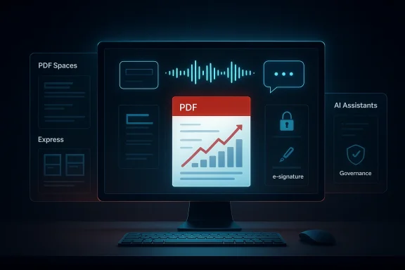 A futuristic computer screen shows a PDF with a rising chart, surrounded by AI tools and security icons.
