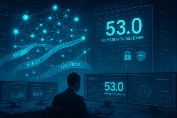A person in a futuristic control room monitors a large '53.0 Humanity's Last Exam' display with networked graphics.