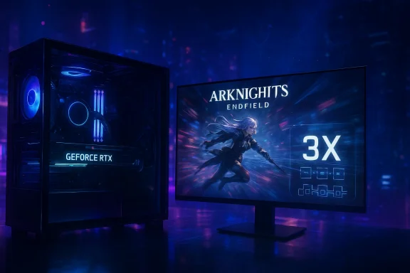 Neon-lit gaming PC with a GeForce RTX rig beside a monitor displaying Arknights Endfield and a 3X graphic.