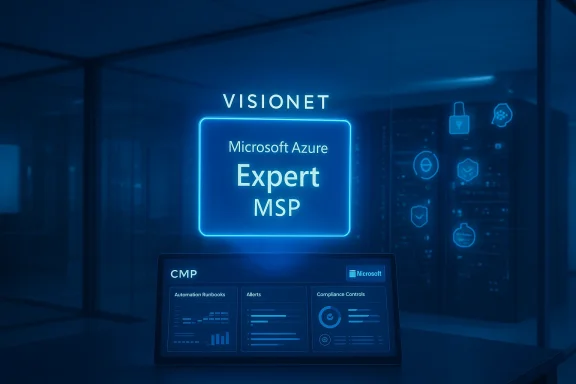 Neon blue signage reads Visionet: Microsoft Azure Expert MSP, with a CMP dashboard on a tablet. Neon blue signage reads Visionet: Microsoft Azure Expert MSP, with a CMP dashboard on a tablet.