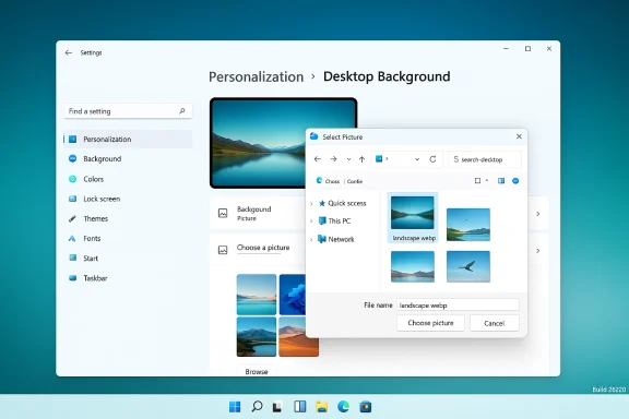 Windows 11: Personalization > Desktop Background with image picker open.
