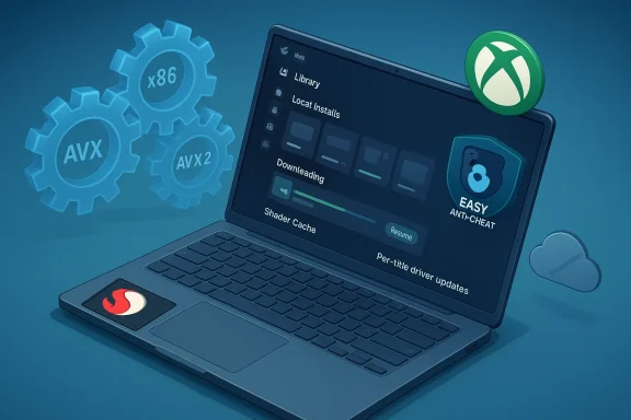 A blue-toned laptop shows a game updater with AVX/AVX2 gears and Easy Anti-Cheat.