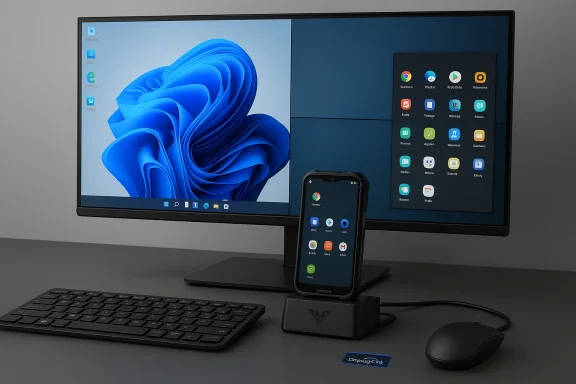 Modern desk setup with a large monitor, wireless phone dock, keyboard, and mouse.