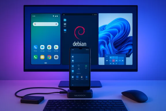 Phone on a NexDock dock in front of a monitor displaying Android, Debian, and Windows.