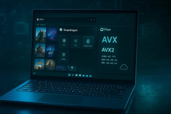 A laptop screen glows with a neon blue dashboard of app tiles and system metrics.