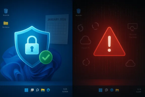 Split Windows desktop: left shows blue security shield with a checkmark, right shows red warning triangle.