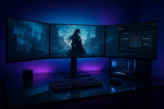 Triple-monitor gaming setup with blue ambient lighting and a neon-lit PC, displaying a cityscape wallpaper.