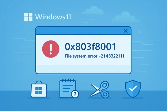 Windows 11 error dialog showing code 0x803f8001 and file system error -2143322111.