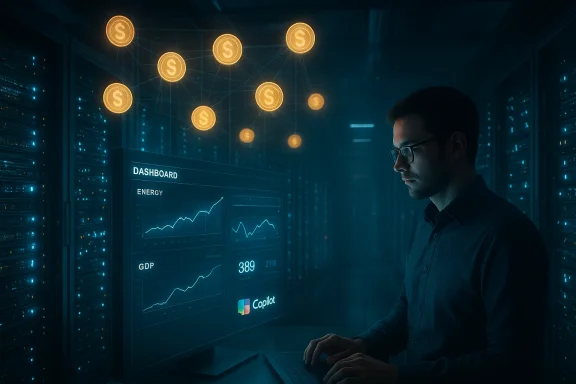 A data analyst monitors energy and GDP dashboards in a server room, as glowing crypto coins float above.