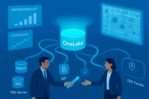 Two professionals connect Oracle, SQL Server, IoT and GIS feeds to a central OneLake data lake.
