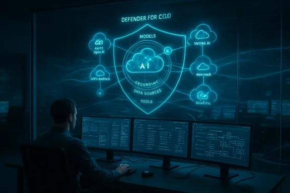 Security analyst monitors an AI-powered cloud-defense diagram on a glass wall.