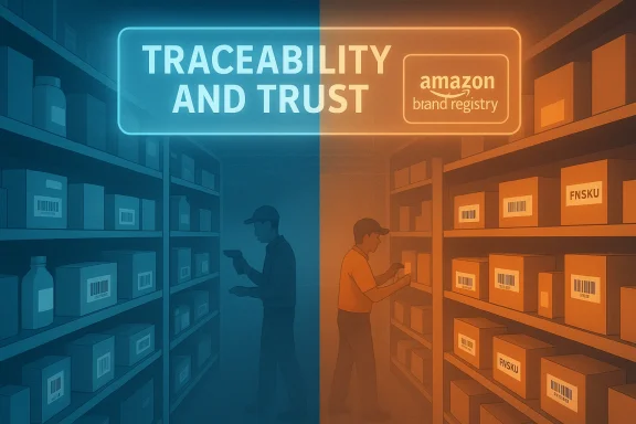 Split blue-orange warehouse scene emphasizing traceability and trust with Amazon Brand Registry.