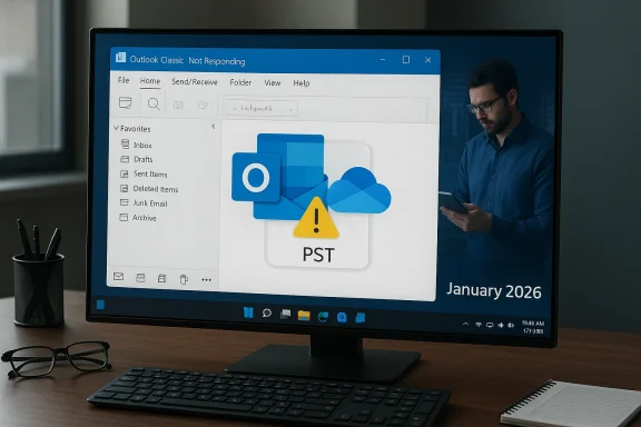 A computer monitor shows Outlook Classic Not Responding with a PST warning on a desk. A computer monitor shows Outlook Classic Not Responding with a PST warning on a desk.